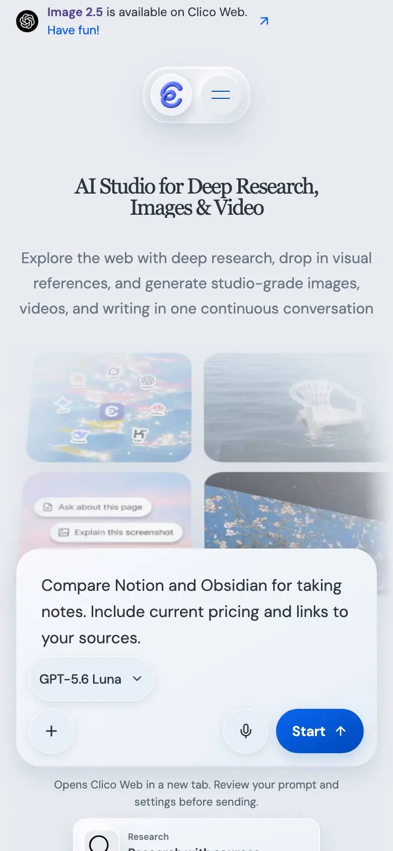 Clico AI Studioのスマホ版ファーストビュー