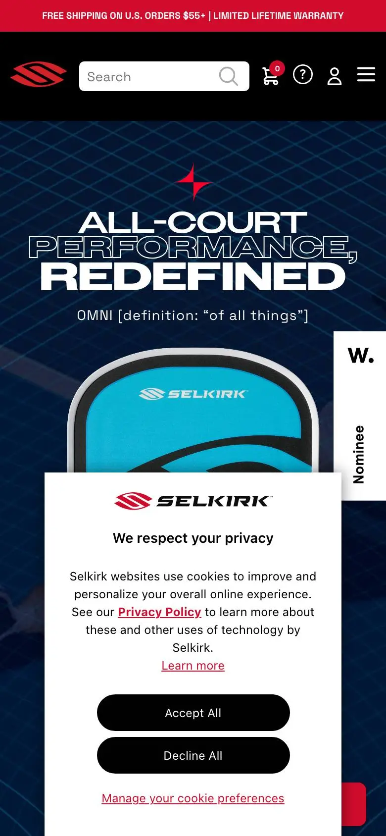 Selkirk OMNI Paddleのスマホ版ファーストビュー
